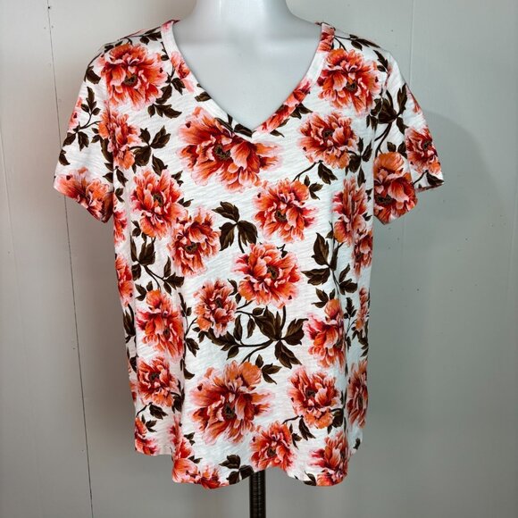 Old Navy Top Medium Peony Floral V-Neck Short Sleeve Shirt Slub Knit Cotton - Picture 1 of 11